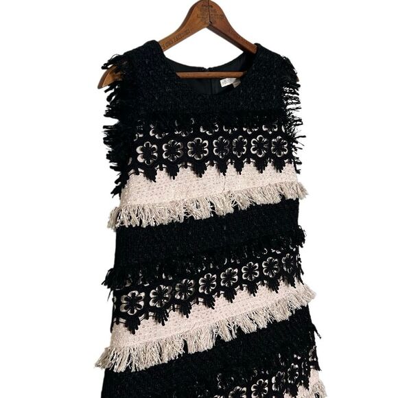 Boston Proper Fringed Textured Lace Sleeveless Tweed Sheath Dress Black Size 12 - Picture 2 of 8